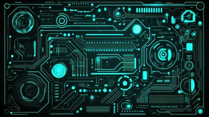 Obraz premium Teal circuit board with glowing components on a dark backdrop.