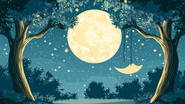 A serene night scene featuring a large moon and a swing among trees.