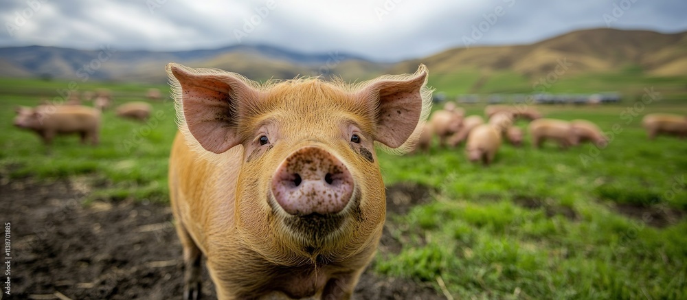 Poster pig in field with other pigs and hills in background.