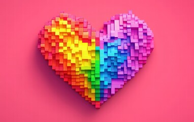 A pixelated rainbow heart in bright blocky colors, set on a hot pink background
