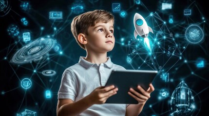 Boy using tablet, futuristic rocket launch concept.