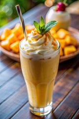 mango milkshake with whipped cream and mint with fresh mango cubes in the background.