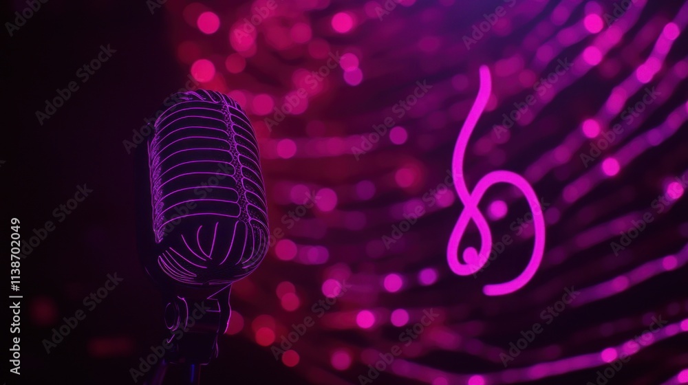 Poster retro microphone with neon lines on dark background.