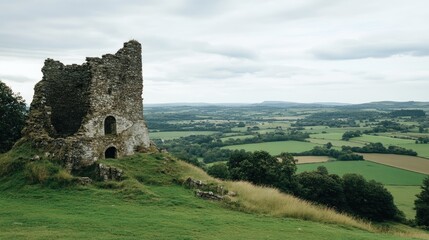 Historic Ruins Overlooking Lush Green Landscape under Cloudy Sky