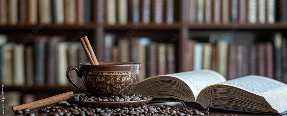 Poster cup of coffee, cinnamon, and open book with bookshelf in background.