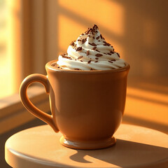 Hot Chocolate Drink with Whipped Cream closeup with chocolate shavings with a window to the side with morning sunshine streaming through.  Invites one to sip this warm cozy drink beverage.  AI generat