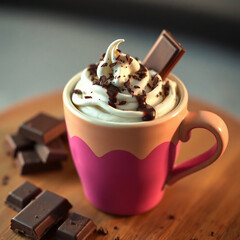 Mug of Hot Cocoa Drink Beverage Closeup, or hot chocolate with whipped cream, chocolate sauce and chocolate candy on the side in a colorful cup. AI generated