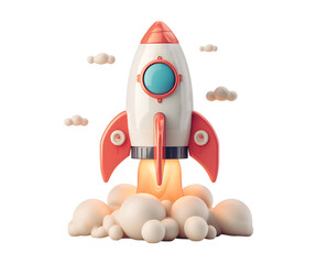 Cartoon-style rocket taking off with clouds of smoke and fire, representing space exploration and innovation. Transparent PNG.