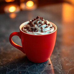 Cup of cocoa closeup, this hot comforting classic hot chocolate served with whipped cream and chocolate shavings.  Chocolate candy bars sections on the side with a wood surface and dynamic lighting.  
