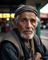 Portret starszego mężczyzny w tradycyjnym niebieskim turbanie na tle wiejskiego otoczenia.


