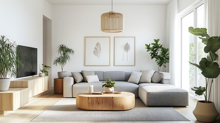 Obraz premium Beautiful Modern Living room Interior with furniture's ,mockup frame , posters, wall -3d Rendering