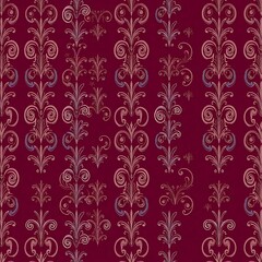 Fototapeta premium Burgundy Damask Seamless Pattern: Elegant and sophisticated, this richly colored damask pattern features intricate floral designs in muted pinks and blues against a deep burgundy background.