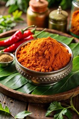 Aromatic masala spice blend in a metal bowl, on a rustic wooden table with green leaves
