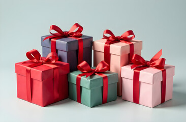 Obraz premium Vibrant colored festive gift boxes with elegant red ribbons, perfect for adding joy to birthdays, holidays, or any special occasion