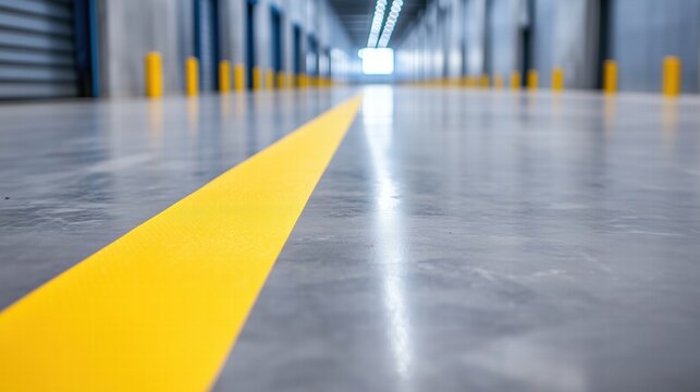 Yellow line on industrial warehouse floor perspective. Organization and direction concept