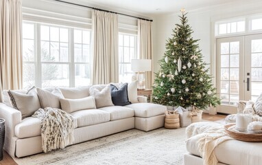 Bright and spacious living room with a delicate green Christmas tree, subtle ribbons and baubles, and a cozy throw blanket on the sofa