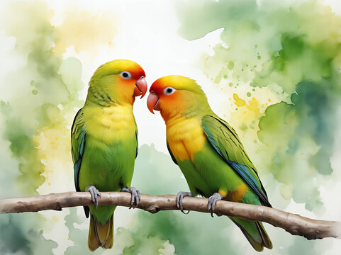 Żywy obraz akwarelowy przedstawiający dwie zielone i ż&oacute;łte papugi siedzące na gałęzi na kolorowym tle.

