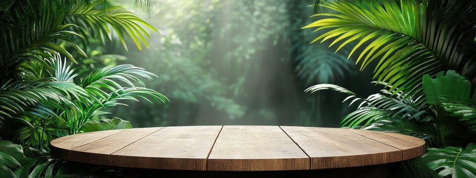 Fototapeta Podium background product platform green display palm 3d stage stand. Leaf podium wood background product plant jungle cosmetic wooden pedestal forest minimal nature table scene shadow beauty summer.