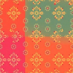 Vibrant Floral Pattern: A captivating seamless textile design featuring a quartet of warm-toned color blocks, each adorned with an intricate, repeating floral motif. Perfect for fashion, home decor.