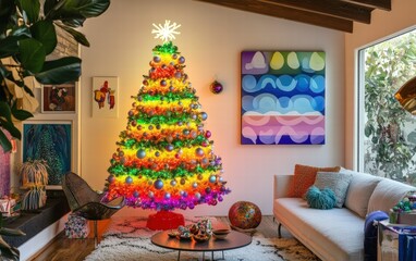 Obraz premium Eclectic living space with a glowing rainbow-themed Christmas tree, colorful ornaments, and abstract artwork on the walls complementing the festive vibe