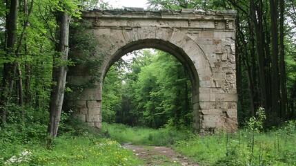 A Majestic Stone Archway Stands Amid Lush Woodland Foliage Inviting and Discovery
