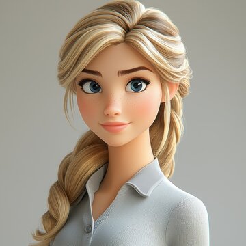 Professional 3D avatar of a young woman with blonde hair and blue eyes in a sophisticated style