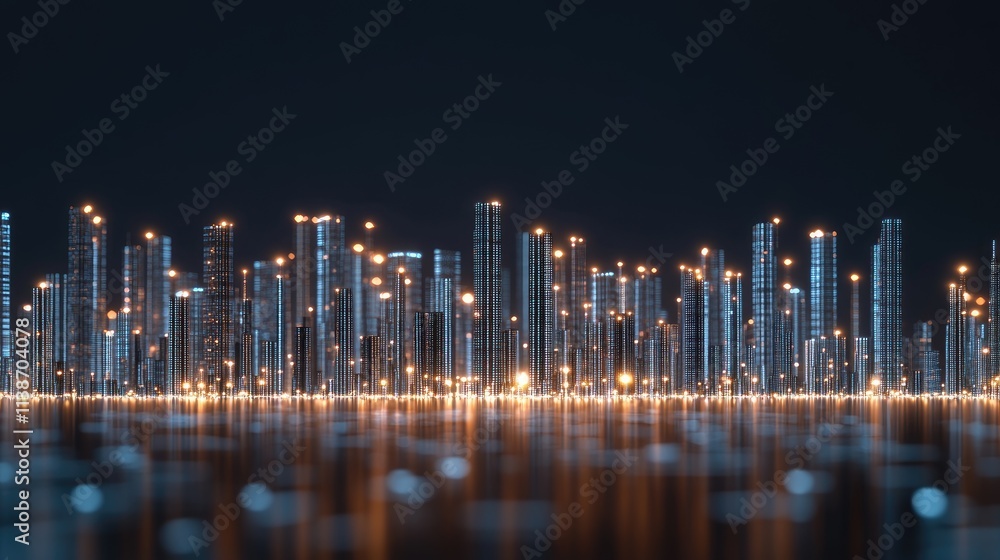 Poster futuristic cityscape features illuminated data transfer lines on a blue background, representing mod