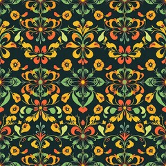 Fototapeta premium Floral Damask Seamless Pattern: Intricately designed, this vibrant damask pattern features a captivating blend of floral motifs and geometric shapes, radiating an air of timeless elegance.