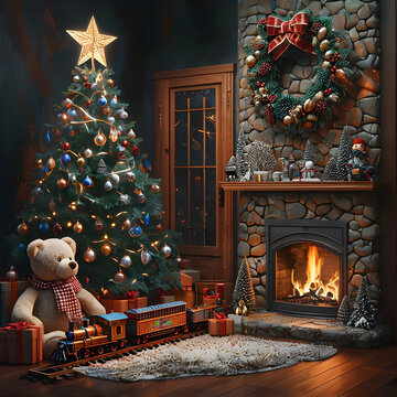 stanza con camino acceso addobbata per natale con albero decorato, giocattoli, regali, doni, orso di peluche e trenino, Room with fireplace decorated for Christmas with decorated tree, toys, gift