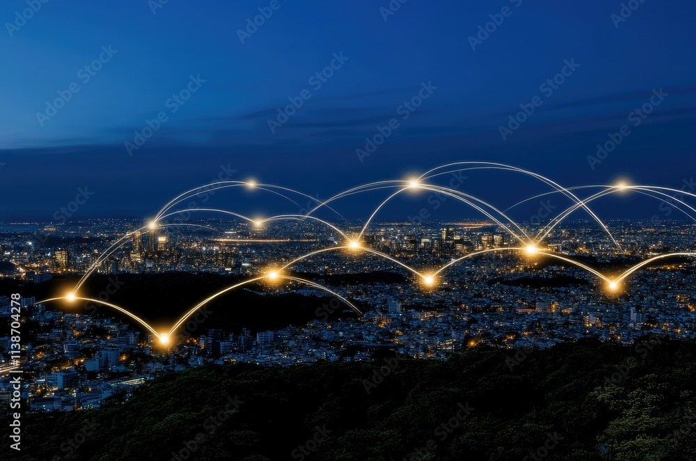 Poster futuristic cityscape features illuminated data transfer lines on a blue background, representing mod
