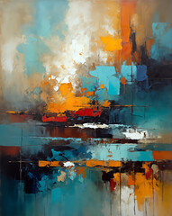 A modern abstract painting featuring vibrant splashes of orange, blue, teal, and white hues with textured brushstrokes and dynamic composition.  

