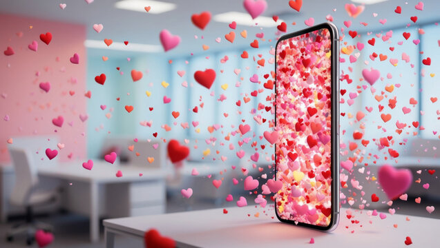 Virtual expressions of love create a heartwarming ambiance in a modern workspace filled with colorful emotions