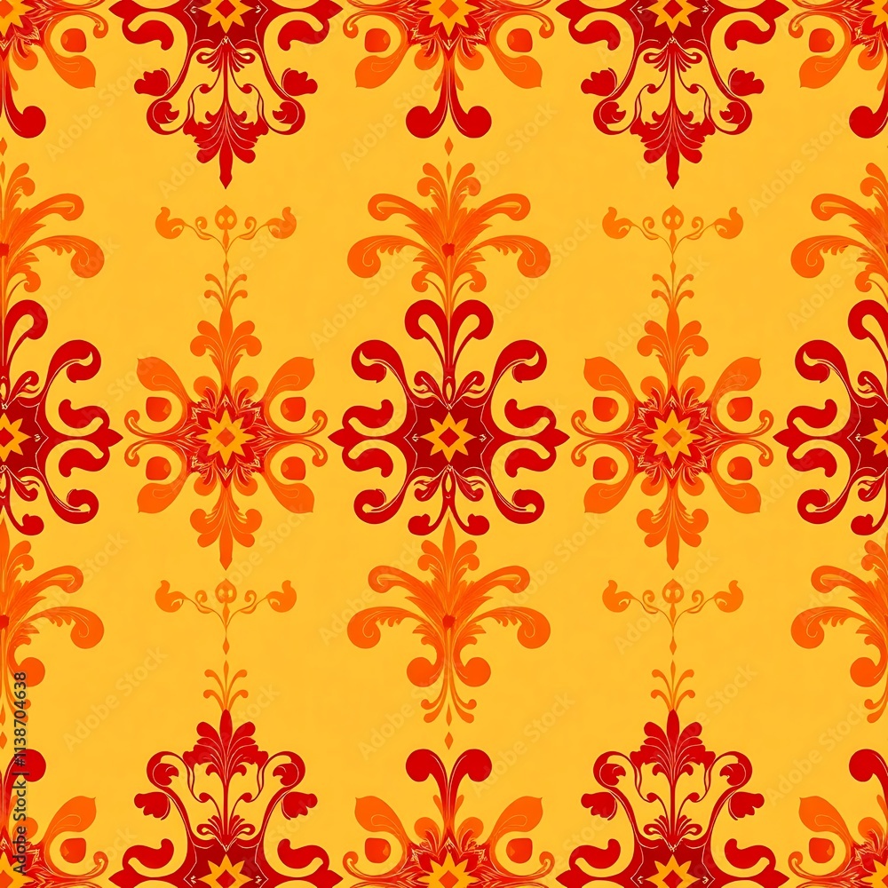 Poster autumnal damask pattern: a seamless, intricate pattern featuring a repeating motif of stylized flora