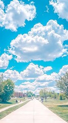 Fototapeta premium A serene pathway under a bright blue sky filled with fluffy clouds.