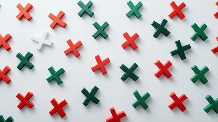 Scattered red, green, and white 3D crosses on white background. Decision-making concept.