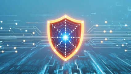 Obraz premium Digital shield representing cybersecurity innovation in a futuristic environment with glowing connections