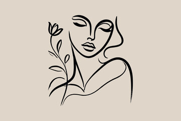  Minimalist line art portrait of a woman with flowers in black ink, logo, print, icon