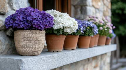 Colorful hydrangeas in pots line a rustic stone windowsill, exuding charm and natural beauty.