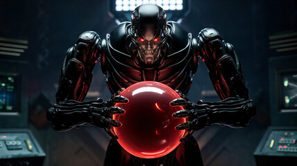 Fototapeta premium Cybernetic Robot Holding Red Sphere in Dark Room