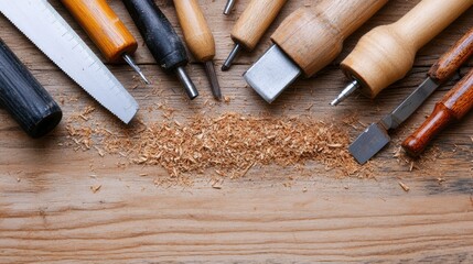 A collection of woodworking tools neatly arranged on a rustic wooden surface, showcasing craftsmanship and woodworking artistry.