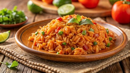Traditional mexican rice with vegetables on a ceramic brown plate