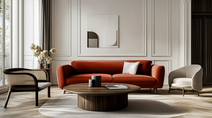 Scandinavian-Style Living Room Interior with Red Sofa, Wooden Coffee Table, and Chairs Near a Window on Parquet Floor