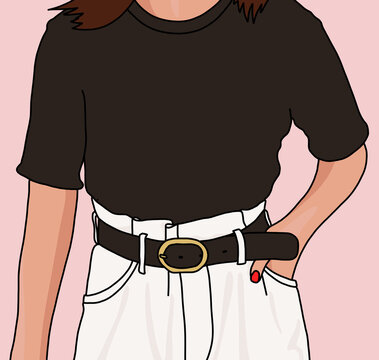 Illustration of a Woman in a Black Shirt, White Trousers, and a Belt