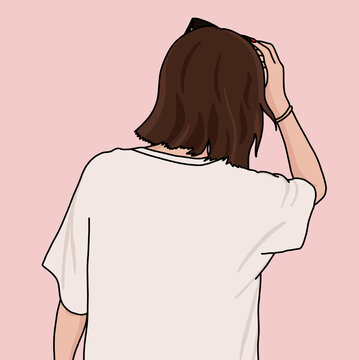Illustration of a Woman Facing Backwards in a White T-Shirt with Short Hair