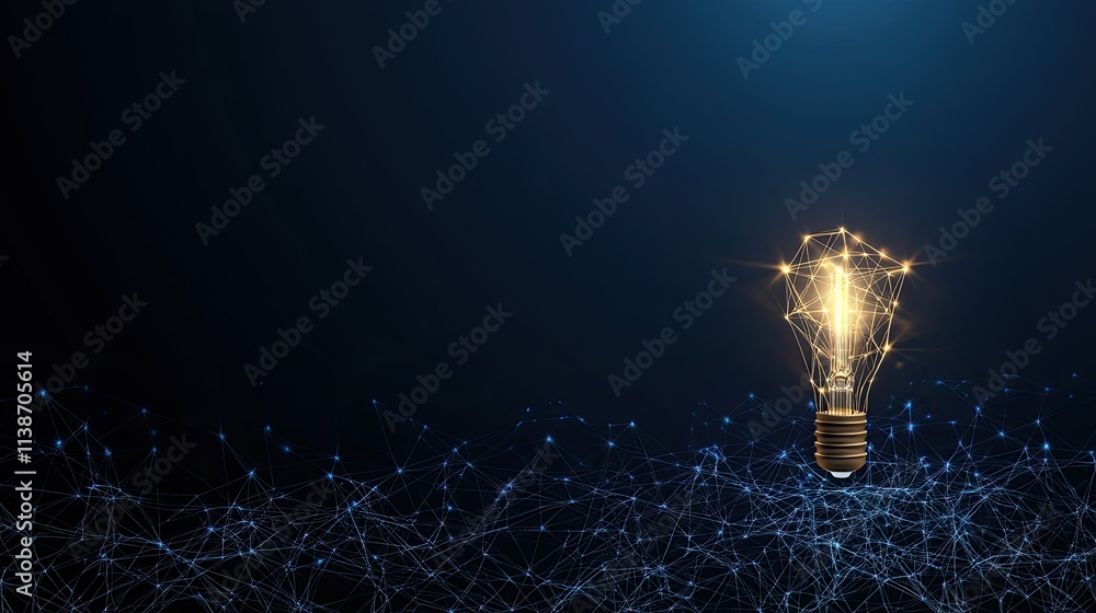 Poster futuristic cityscape features illuminated data transfer lines on a blue background, representing mod
