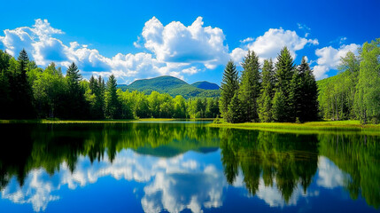 Obraz premium Scenic Mountain Lake with Reflective Water and Lush Forest Landscape