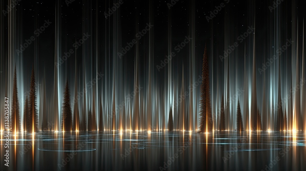 Poster futuristic cityscape features illuminated data transfer lines on a blue background, representing mod
