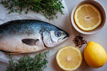 Freshly caught fish prepared for a gourmet meal with aromatic herbs and citrus fruits