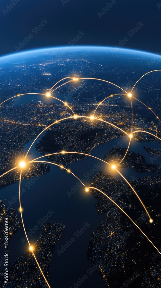 Poster futuristic cityscape features illuminated data transfer lines on a blue background, representing mod