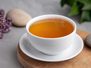 close up of steaming cup of herbal tea on wooden board, surrounded by stones and flowers, creating calming atmosphere